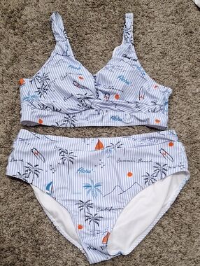 Rosewe Striped Aloha Tropical Print Bikini Set - XL - Blue White